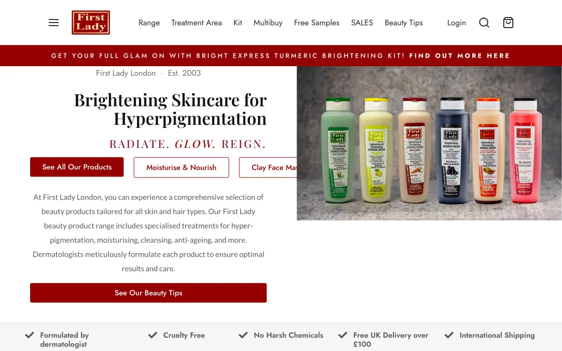 First Lady London homepage showing the Brightening Skincare for Hyperpigmentation range