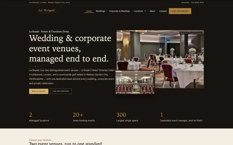 La Royale events group homepage showing wedding and corporate venues in London and Hertfordshire