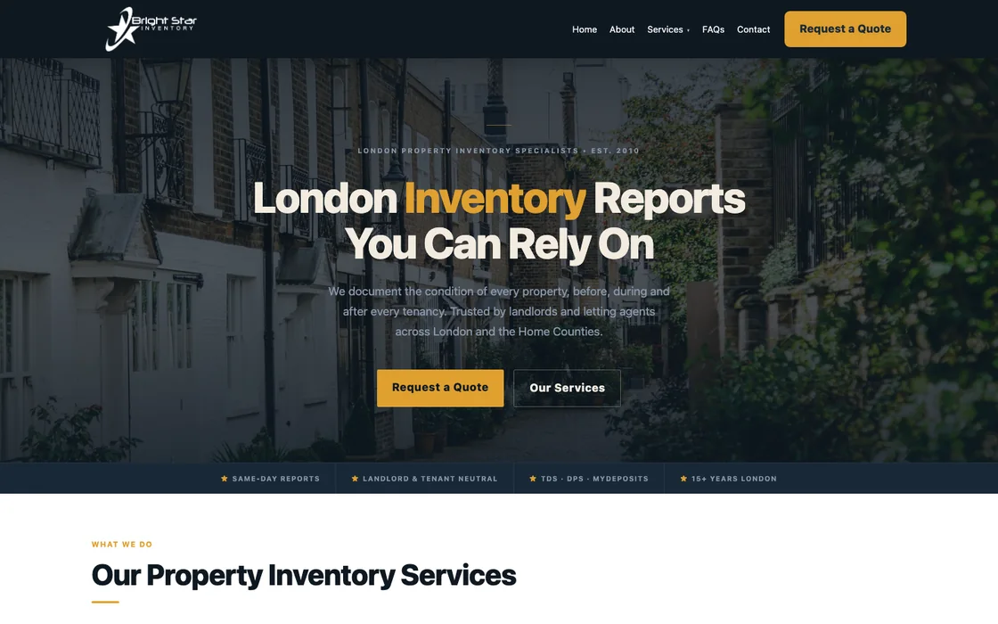 Bright Star Inventory homepage showing London inventory reports for landlords and letting agents