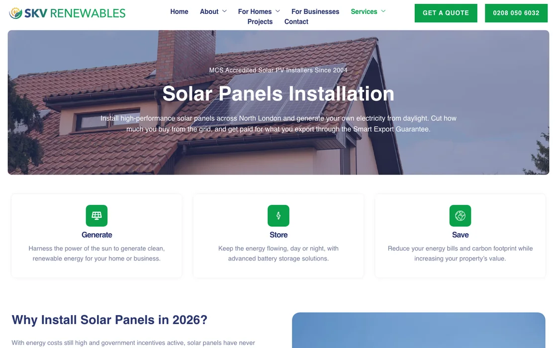 SKV Renewables solar panels service page, with the green Get a Quote button and phone number in the header