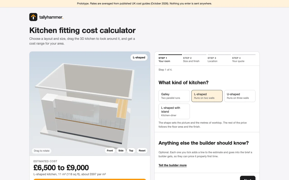 Tallyhammer kitchen fitting cost calculator showing a 3D L-shaped kitchen and a choice of layouts