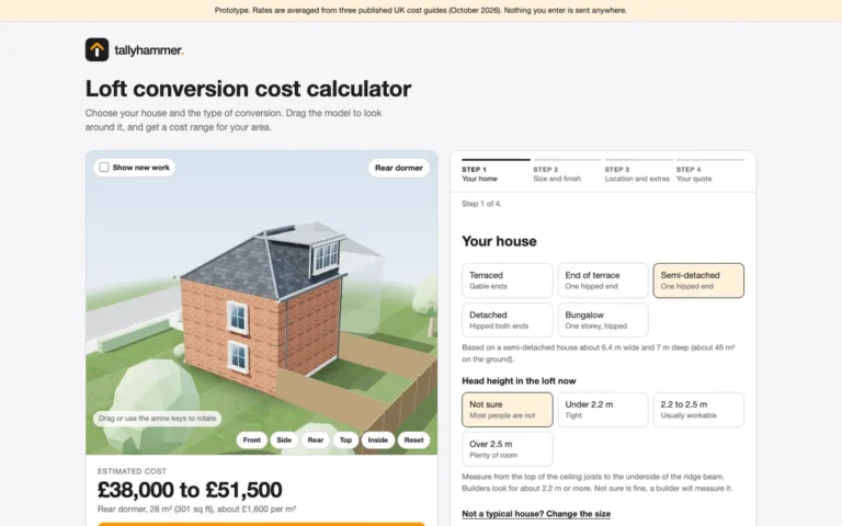 Tallyhammer 3D loft conversion cost calculator on a builder's website