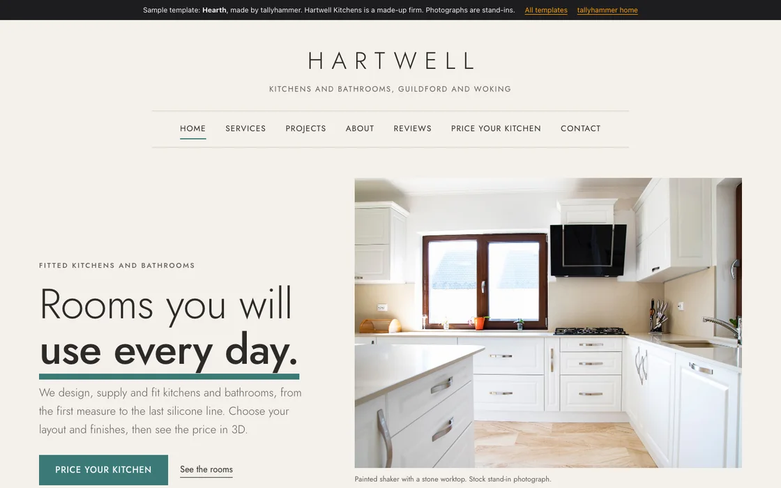 Hearth sample website template for a made-up kitchen and bathroom firm, with a Price your kitchen button in the navigation