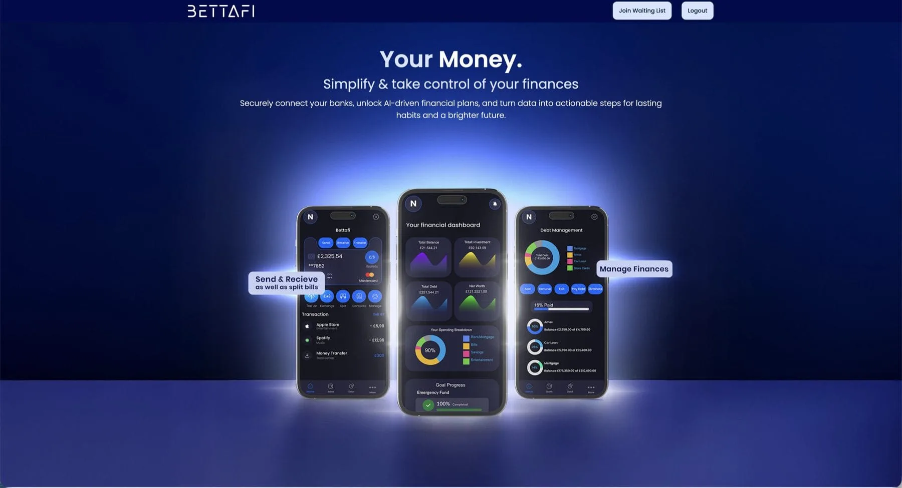 Bettafi homepage on desktop, showing the app dashboard, spending breakdown and debt management screens