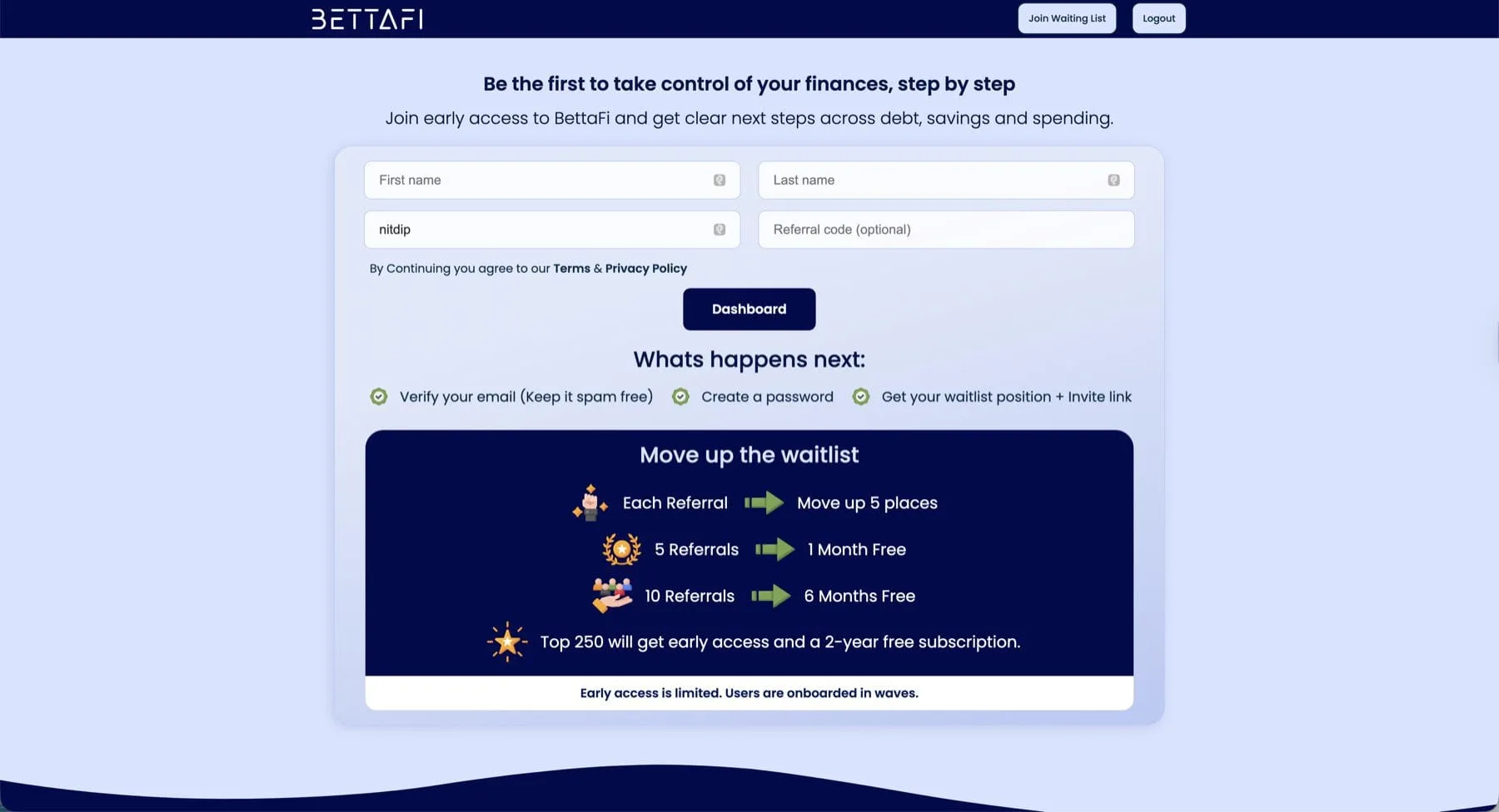 Bettafi waitlist page showing the referral rewards ladder: move up 5 places per referral, milestone rewards up to a 2-year free subscription