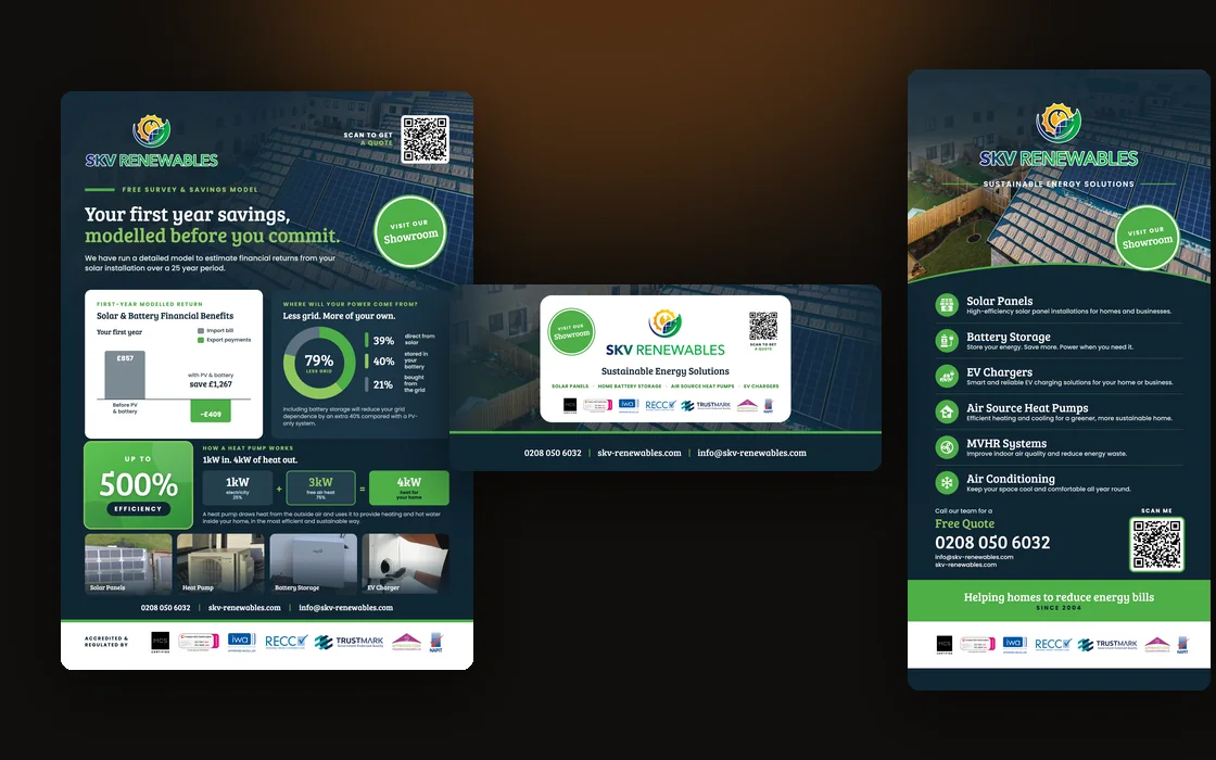 SKV Renewables A5 savings flyer, counter pop-up and roller banner side by side