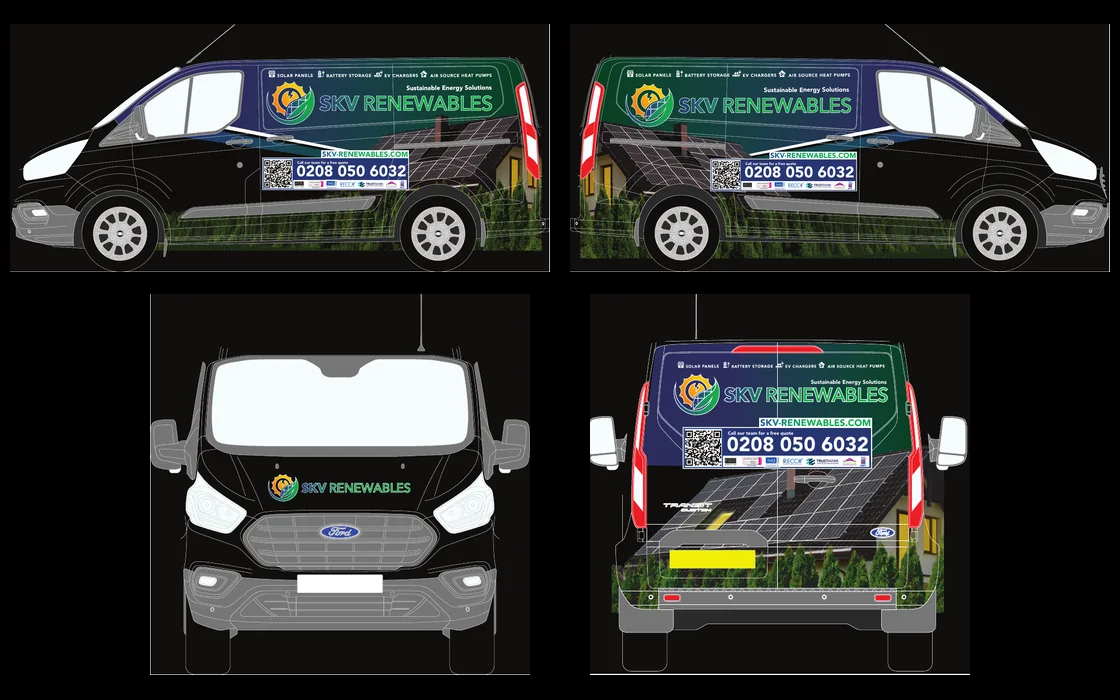 Van livery design proofs for SKV Renewables showing both sides, the front and the rear of the van